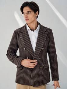 RONVEXI Men's Striped Print Double-Breasted Business Long Sleeve Suit Jacket - Brown - View 6