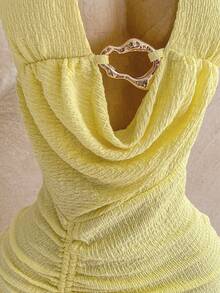Soleia Women's Vacation Beach Solid Color Plunging Neck Drawstring Backless Mini Dress - Light Yellow - View 3