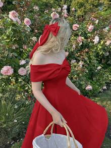 SHEIN MOD Đầm nữ thanh lịch màu trơn trễ vai dài ngang gối, thích hợp cho mùa hè. - Đỏ - Xem 4