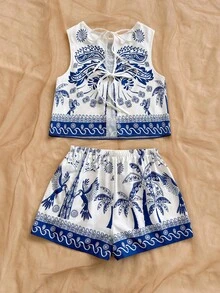 Soleia Bộ đồ đi nghỉ mát dành cho nữ, gồm áo tank top dáng chữ A rộng rãi, hở lưng, chất liệu vải có họa tiết, quần short cạp chun co giãn có túi, thích hợp cho bãi biển và bờ biển. - Nhiều màu - Xem 2