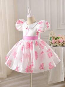 Glamorique Kids Petal Puff Sleeve Ruffle Princess Dress With Floral Decor,Sweet Puffy Pink Party Dress - Pink - View 3