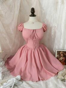 Flirla 大码花卉拼接荷叶边收腰迷你连衣裙 - 藕粉色 - 查看 4