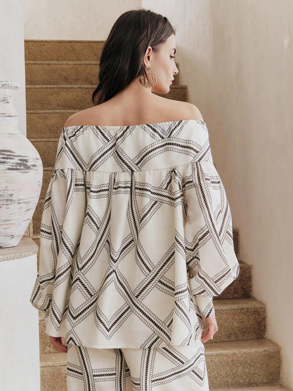 Anewsta Elegant Niche Random Geometric Print Off Shoulder Lantern Sleeve Casual Blouse For Women,White And Black,Autumn,Elegant,Brunch Shirt