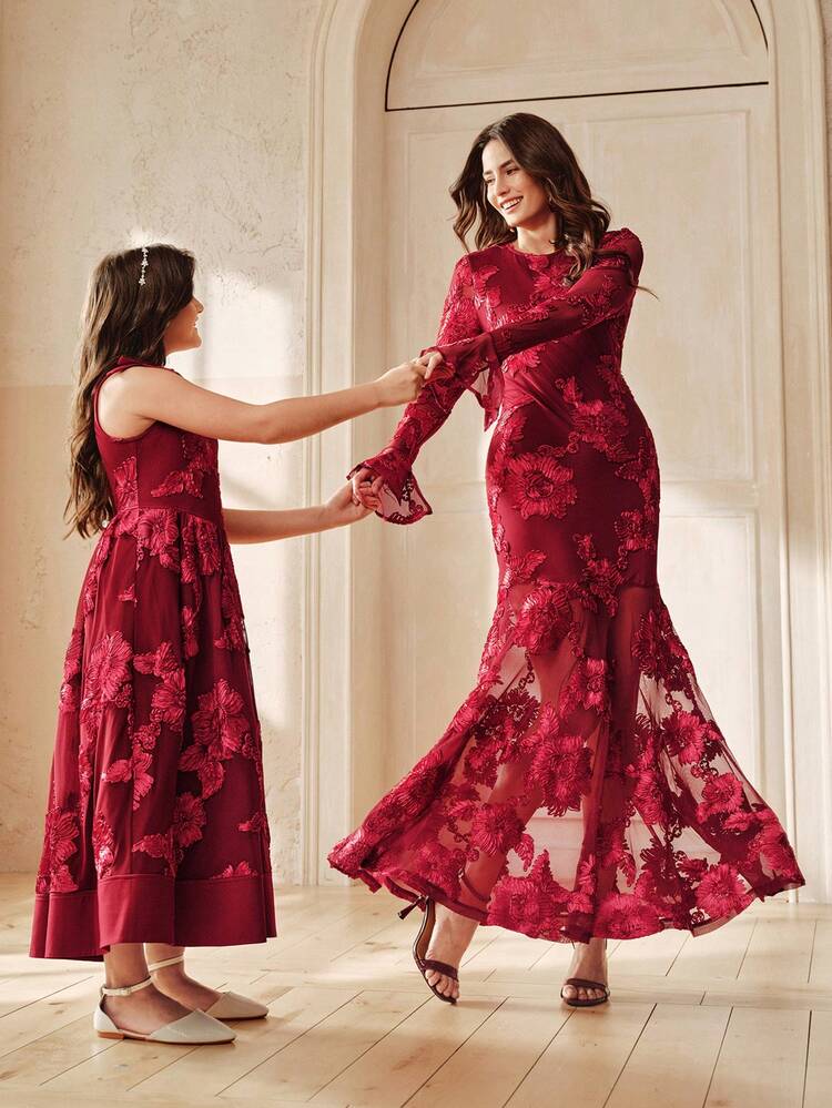 Spring/Summer New Elegant & Cute Party Dress For Girls, Red Color, Square Neck Sleeveless Dress With Detachable Bow Decor, Embroidered Hibiscus Flower, A-Line Silhouette, Short Length