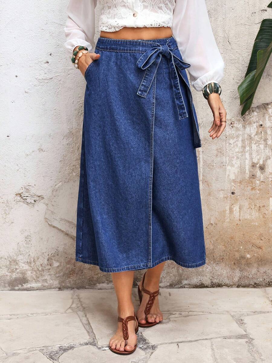 Selianne Women's Casual Commuter Denim Side Tie Skirt - Blue - View 1