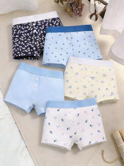 5条/套 少女罗纹爱心星形印花宽松腰带平角内裤