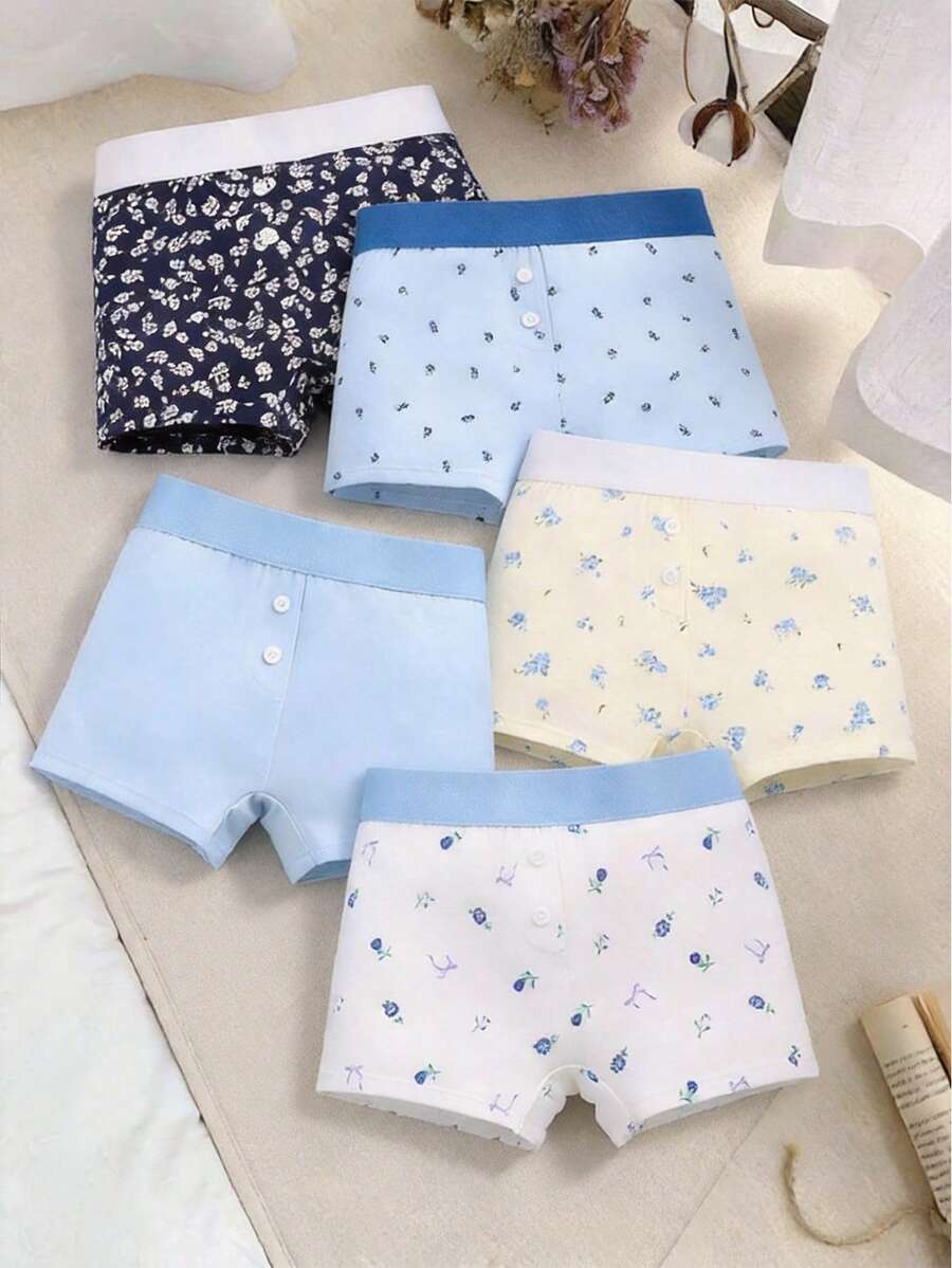 5条/套 少女罗纹爱心星形印花宽松腰带平角内裤 - 彩色 - 查看 1