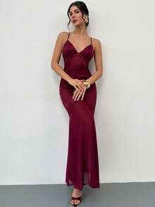 Firerie Elegant Sophisticated Romantic Dignified Elegant Banquet Festival Ball Valentine's Day Date Wedding Guest Birthday Party Holiday V-Neck Criss-Cross Backless Textured Chiffon Bodycon Burgundy Mermaid Maxi Dress - Burgundy - View 6