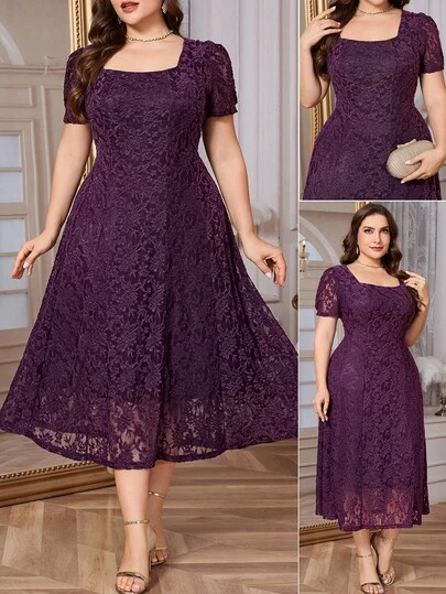 Reflora Plus Size Elegant Solid Color Lace Dress, Summer