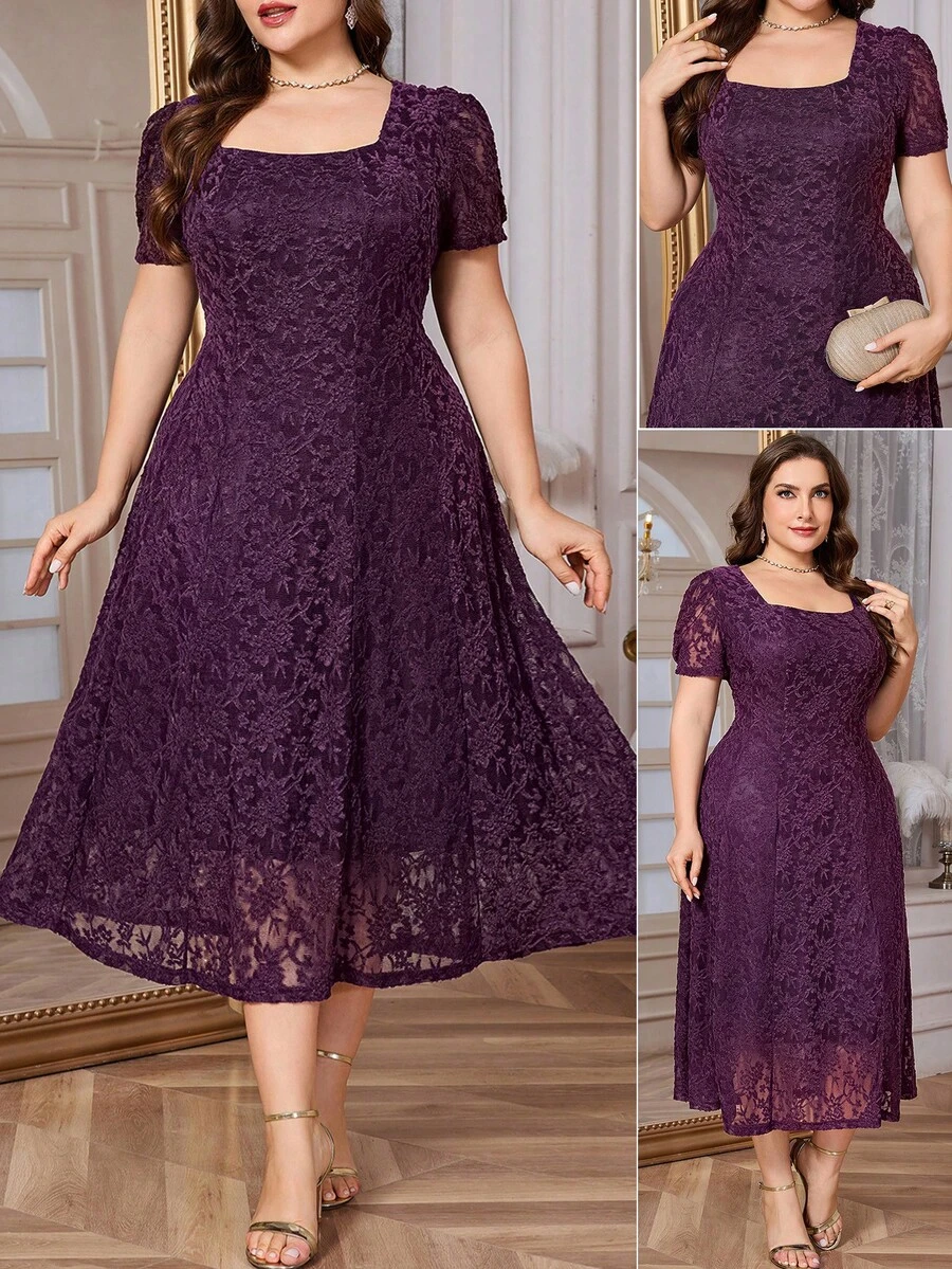 SHEIN Clasi Đầm ren màu trơn thanh lịch cỡ lớn, thích hợp cho mùa hè. - Màu tím - Xem 1