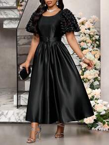 SHEIN Lady 女士黑色花瓣袖圆领优雅连衣裙 - 黑色 - 查看 1