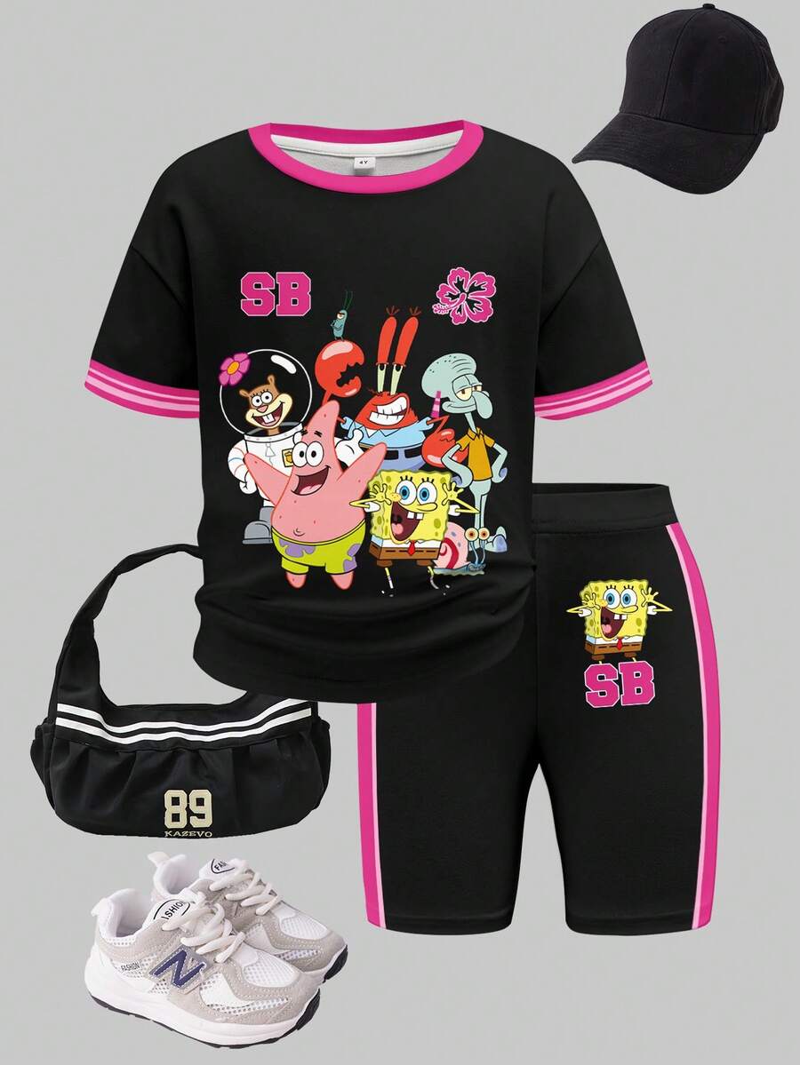 SpongeBob SquarePants | SHEIN 小女孩卡通印花短袖T恤和短裤套装 - 白色 - 查看 1