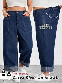 SHEIN CURVE+ Plus Size Blue Denim Straight Leg Cropped Jeans With Zipper Detail And Pockets - Blue - View 9