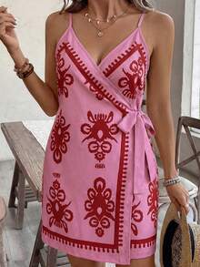 SHEIN VCAY 大码女式印花系带吊带连衣裙，度假风 - 粉色 - 查看 4