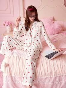 2pcs/Set Women Floral Print Long Sleeve Pajama Set, Sleepwear & Loungewear - Multicolor - View 1