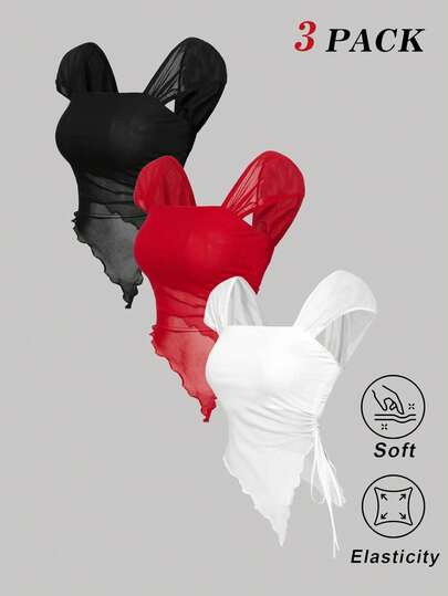 SHEIN MOD Women's 3pcs/Set Ruched Shell Sleeve Sexy Slit Mesh T-Shirt.Black & Red & White Mesh Top ,Romantic, Spring /Summer Outfits Women,Romantic,Elegant Vacation Party Midi Dress,Summer Holiday Outfits, Ceremony,Beach Vacation Outfits,Vacation Outfits Women,Out Going Top, Tank Tops, Workout Tops Women, Tank Tops Women