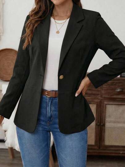 Saco Blazer Mujer Elegante Clásico  Corte con Faldón bajo un Botón Dorado Solapa Manga Larga Otoño Invierno Oficina Casual Saco elegante para mujer con faldón, diseño con solapa clásica, botón decorativo metálico, corte entallado, blazer formal casual, eventos, atuendo profesional, para el trabajo o eventos especiales
