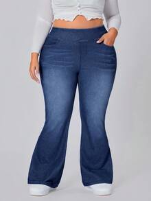 SHEIN CURVE+ Plus Size Women Casual Elastic Flare Leg Jeans - Dark Wash - View 5