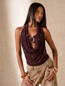 SHEIN BAE Áo croptop Dopamine Plum & Fig Sexy cổ khoét sâu, 2 trong 1 đính kim loại, thích hợp cho tiệc tùng, hòa nhạc, lễ hội âm nhạc, bãi biển, Ibiza, cô nàng gợi cảm, áo lấp lánh. - Màu đỏ tím - Xem 3