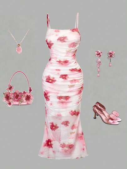 Sparklyn 少女春夏度假海滩优雅印花无袖修身连衣裙