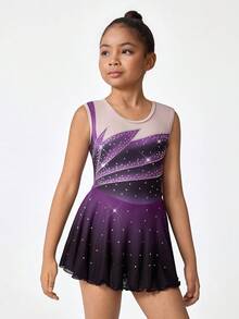 少女体操服，无袖渐变紫色和黑色水钻网纱拼接连体衣，弹力针织面料舒适健身连体裤 - 黑色 - 查看 1