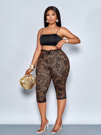 SOLERSUN 大码女装春夏时尚，优雅休闲度假风，性感打底裤，紧身弹力腰带，蕾丝小蝴蝶结装饰，脚部蕾丝拼接，花卉蕾丝印花针织面料，适合日常穿着、购物、约会、运动、返校季、音乐节等场合。