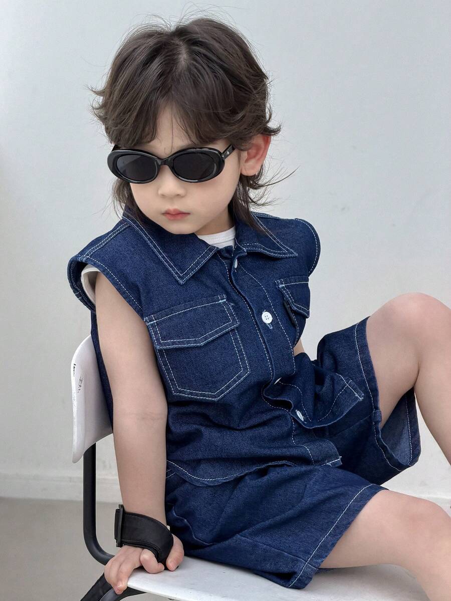 DAZY Young Boy Summer Casual Front Button Flap Pocket Denim Vest And Denim Shorts Set - Blue - View 1