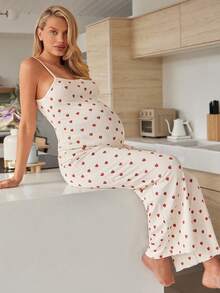 SHEIN 孕妇爱心印花吊带背心和可调节腰围阔腿裤休闲两件套 - 白色 - 查看 2