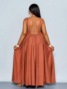 SOLERSUN Vestido casual de fiesta de talla grande para mujer, de unicolor y con diseño calado - Marrón Mocha - Ver 3