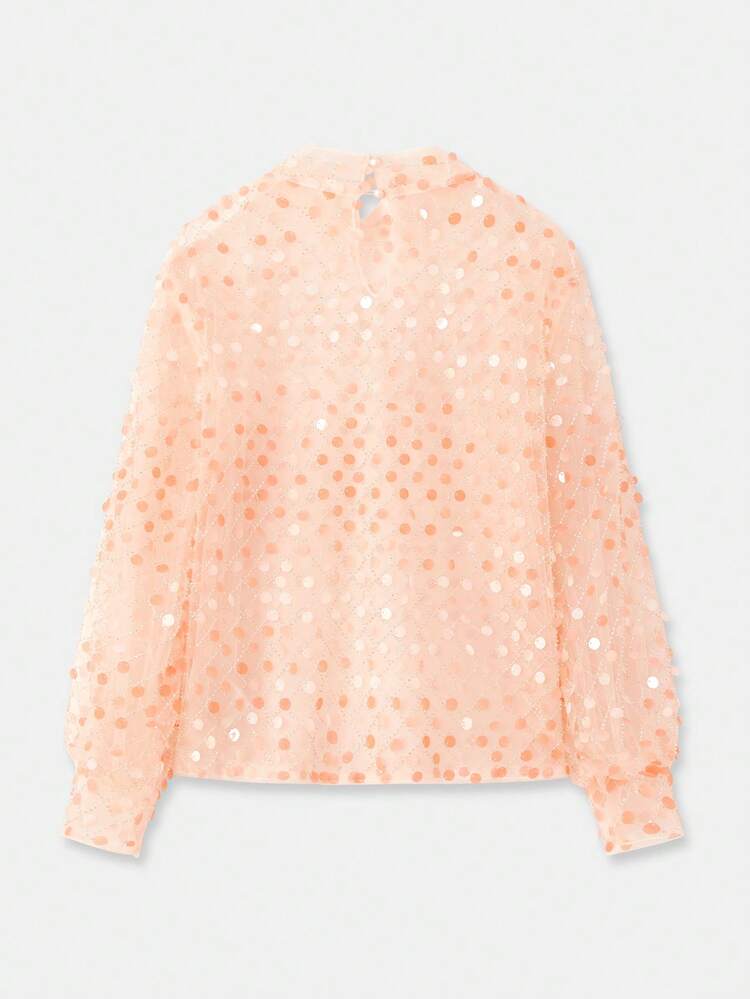 Sheer Sequin Embellished High Neck Long Sleeve Top Party Top Sequin Top Pink Top Evening Chic Spring Summer Premium Top Party Top See Through Top Shiny Top Sparky New Year Party French Style Parisian Style