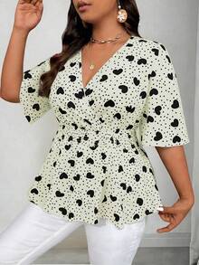 Elenzga 大码女式心形图案V领喇叭袖蝴蝶袖腰部可调节下摆修身衬衫 V领女式衬衫 可爱女式衬衫 裹身女式上衣 短袖波点女式衬衫 短袖波点女式衬衫 短袖女式衬衫 - 杏色 - 查看 5