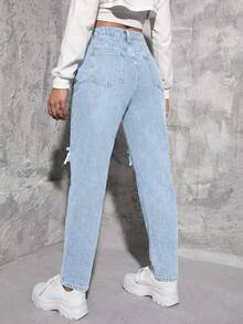 SHEIN ICON Jeans de mezclilla desgastados de cintura alta informal - Azul y blanco - Ver 2