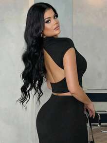 SHEIN SXY 女士时尚黑色露背性感垂褶领上衣，夏季 - 黑色 - 查看 4