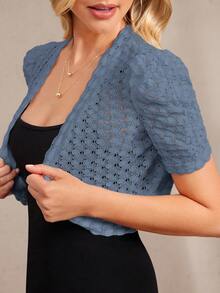 Amorya 女士优雅蕾丝短袖开襟轻薄外套，适合日常通勤和百搭穿着，秋冬季款 - 淺藍色 - 查看 7