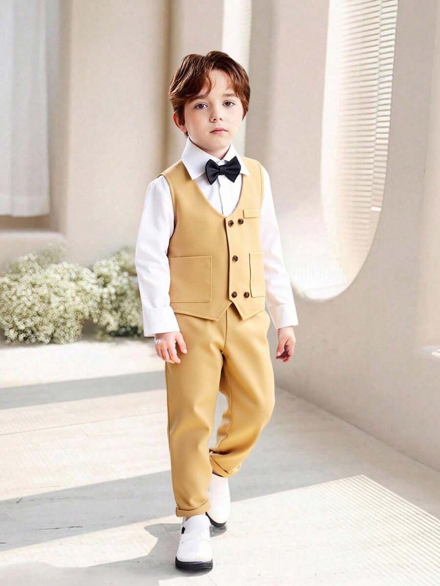 SHEIN 4-7 Years Old Young Boy Waistcoat And Long Pants 2-Piece Set, Woven Textured Diagonal Striped Christmas Red Sleeveless Waistcoat With Pockets, Paired With Woven Diagonal Striped Christmas Red Textured Long Pants, Elegant And Waistcoat With Vest Suitable For Various Occasions Like Galas, Birthdays, Festivals In Spring, Autumn And Winter, Essential Gentleman OutfitWedding,Prom,Graduation - Khaki - View 1