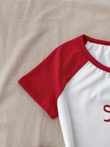 Tween Girls' Red & White Contrast Bow Print Knit Pullover T-Shirt, Casual, Fashionable, Versatile, Suitable For Outings, Sister Photo Shoots, Park Trips, Camping, Vacations, Daily Leisure - Red and White - View 5