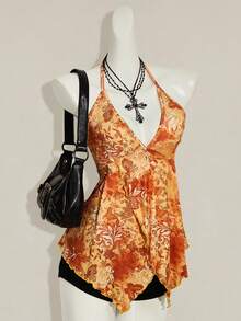 SHEIN ICON Print Asymmetric Hem Fashion Halter Neck Tank Top - Orange - View 5