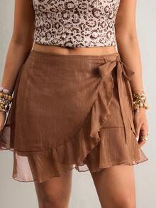 Freevana Chân váy xếp ly buộc dây màu trơn cỡ lớn kiểu dáng thường ngày - Cà phê nâu - Xem 6