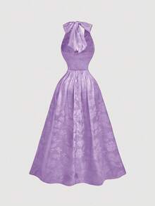 SHEIN MOD 红色缎面花卉提花露背V领长裙，饰有蝴蝶结——复洛克风格，适合约会、派对、宫廷盛装、节日庆典、生日及舞会穿着。 - 淡紫色 - 查看 2