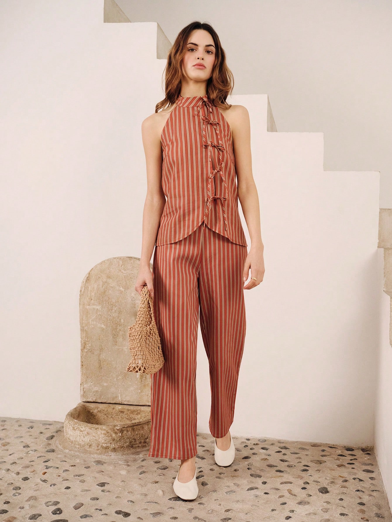 High-Waisted Striped Straight-Leg Trousers For Summer Vacation Spring Summer Style French Style Parisian Style Vacation Business Casual Resort