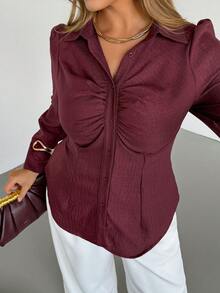 Auralis Burgundy Ruched Front Button Long Sleeve Shirt,Elegant Women's Blouse For Dinner,Autumn Office Lady Business Casual Tops,Plus Size Dark Red Blouse - Burgundy - View 4