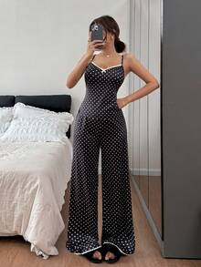 SHEIN Napfluff 舒适波点印花刺绣蕾丝蝴蝶结吊带女士睡衣套装 - 黑色 - 查看 4