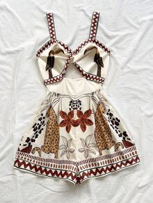 Soleia Bộ áo liền quần nữ họa tiết nhiệt đới khoét lỗ, trang phục thường ngày cho kỳ nghỉ. - Nhiều màu - Xem 4