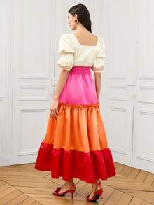 LOTSLUV Vestido elegante de manga bufante com decote quadrado verde escuro, cintura marcada e saia em A com babados, Vestido longo de verão elegante para mulheres, Vestido elegante para festa, casamento e convidados, Vestido de verão para mulheres, Vestido de festival, Vestido de férias - Multicolorido - Visão 2