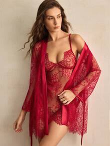 Charlaine 女士蕾丝纯色睡衣套装 - 酒紅色 - 查看 1
