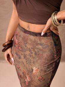 ROMWE PETITE 女士朋克风花卉佩斯利印花荷叶边鱼尾裙 - 彩色 - 查看 4