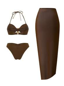 Swim Oasis 2026新款三件套泳装，包括泳衣、泳裤和泳裙，优雅休闲沙滩度假装 - 棕色 - 查看 2