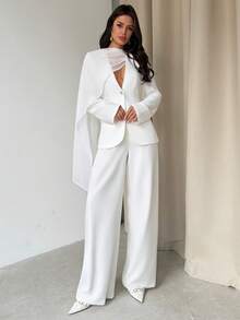 Firerie 女士优雅简约时尚通勤浪漫氛围街头风新款流行婚礼宾客度假派对都市时尚V领雪纺垂褶披肩腰白色西装外套 - 白色 - 查看 6