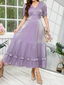 Ellevyn Đầm nữ cỡ lớn màu trơn cổ chữ V tay ngắn cánh hoa xếp nếp viền đầm thanh lịch - Màu tím - Xem 3