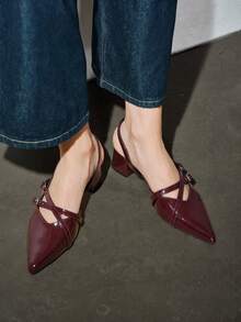 女士酒红色漆皮尖头绑带粗跟高跟鞋，优雅尖头正式高跟鞋，时尚露跟高跟鞋 - 酒紅色 - 查看 4
